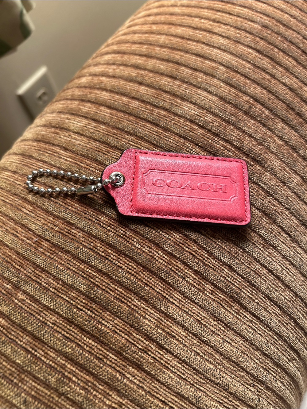 Coach Coral Pink Leather Tag Keychain with Silver Ball Chain